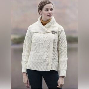 Standun Merino Wool Drape Collar Aran Cardigan In Natural/Cream/Ivory Size M T02